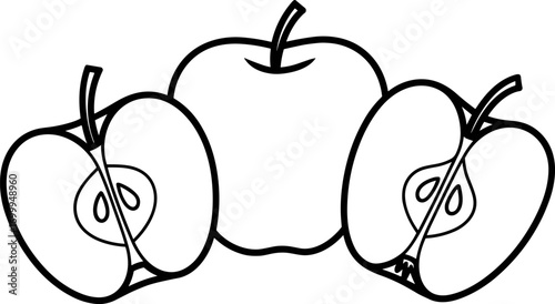 A Detailed Outline of a Whole Apple with Two Halves Showing the Core Seeds and Stem Illustration in Black and White