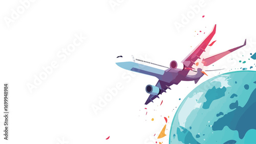 A stylized vector illustration depicting a passenger airplane crashing into a teal-colored globe. The airplane is rendered in shades of purple and red, while the globe shows simplified landmasses.