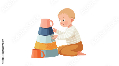 Digital illustration of a fair-skinned baby with blond hair sitting on the floor and playing with a set of colorful stacking cups. The cups are arranged in a cone shape. The baby is wearing a light