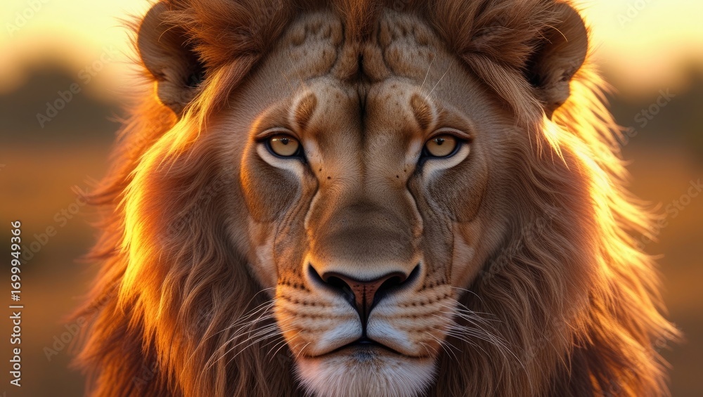 Naklejka premium Lion face close up portrait majestic king animal feline predator wildlife nature africa savanna big cat