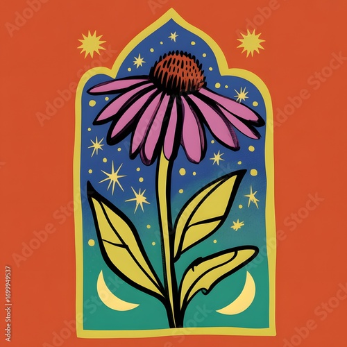 Flower Illustration – White Petals, Yellow Center, and Decorative Frame on Orange Background