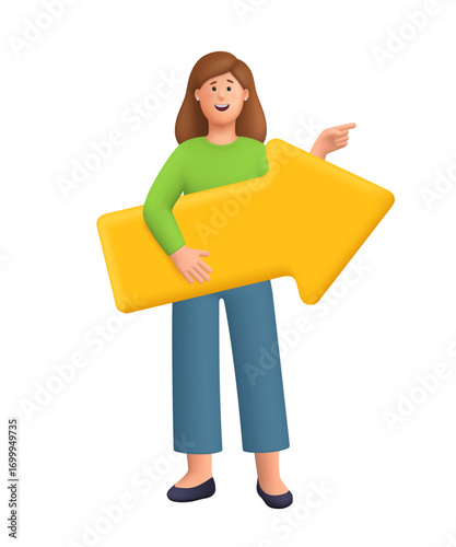Young smiling woman Kate holding large yellow arrow and pointing forward. Direction, choice, decision making, progress and navigation concept. 3d vector people character. Cartoon minimal style.