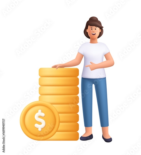 Young smiling woman Jane standing next to large stack of golden coins. Money, savings, investment, finance and financial growth concept. 3d vector people character. Cartoon minimal style.