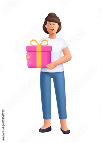 Young smiling woman Jane holding a pink gift box with a yellow ribbon and bow. Holiday, birthday, present, surprise and celebration concept. 3d vector people character. Cartoon minimal style.