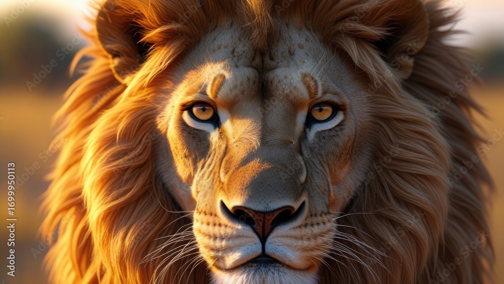 Naklejka premium Majestic lion portrait wildlife animal feline predator mammal nature king of beasts close up golden hour mane