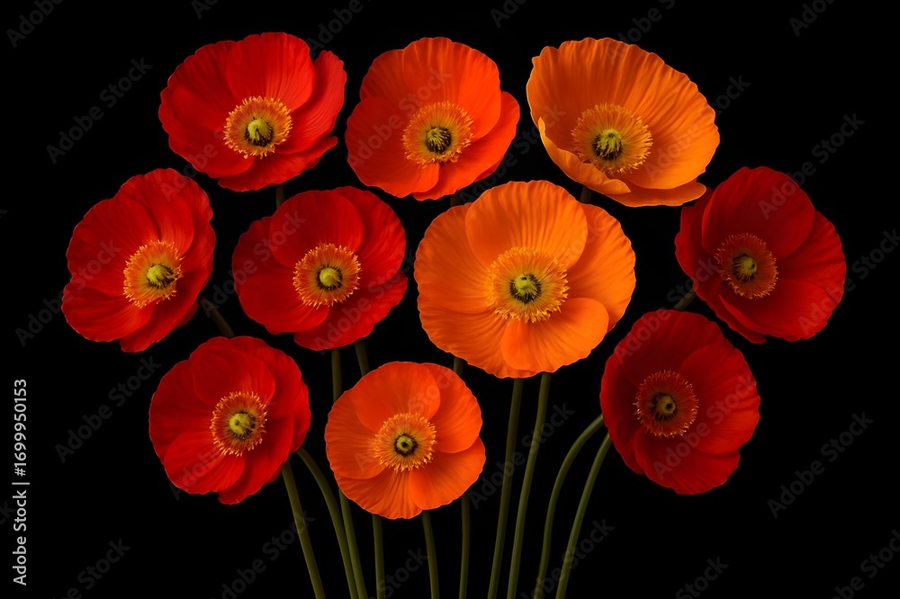 Obraz premium Vibrant red and orange poppy flowers isolated on a black background