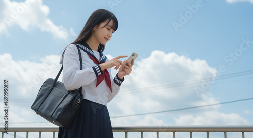 通学中にスマートフォンを操作する女子高生