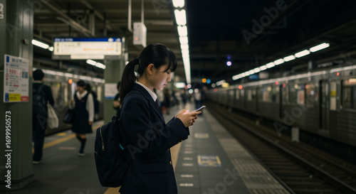 夜の駅のホームでスマホを操作する女子学生