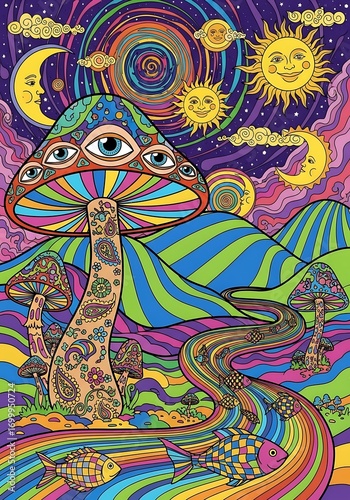 Psychedelic mushroom field with smiling celestial bodies art illustration