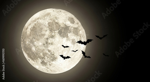 Spooky bats swarm the luminous full moon on a dark, mysterious night, creating Halloween magic.