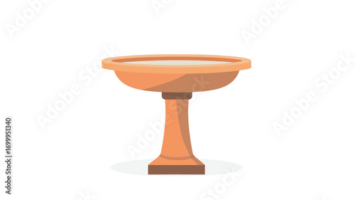 A digital illustration of a simple orange or terracotta-colored bird bath. The bird bath is depicted in a cartoon style with a slightly curved, shallow bowl on a single