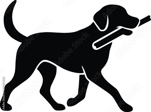 vector silhouette, dog fetching stick, trotting side view, solid black