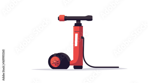 A digital illustration depicts a red and black irrigation system device. The device has a cylindrical main body with a horizontal arm at the top, a wheel-like base, and a cable. The overall style