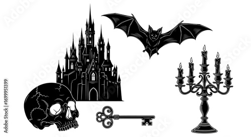 Eerie Halloween night scene featuring spooky castle, skull, bat, candles, and vintage key design