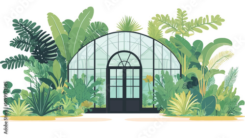 A digital illustration depicts a greenhouse with a curved glass roof and a black metal frame. The greenhouse is surrounded by a dense array of various tropical plants, including large palm fronds,
