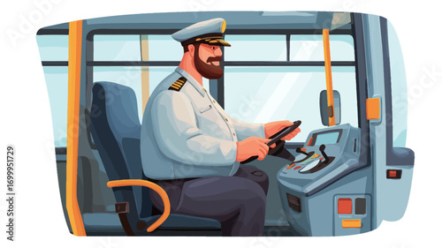 A digital illustration depicting a bearded man in a captain's hat and light-colored uniform seated behind the wheel of a city bus. The illustration is cartoon-style with a slightly rounded and soft