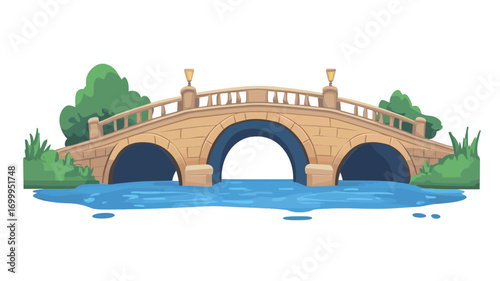 A digital illustration of a cartoon arch bridge spanning a body of water. The bridge is depicted in light brown, suggesting stone or brick construction. It has two arches and balustrades along the