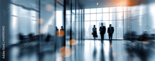 Abstract blurred interior modern office space with business people working banner background with copy space. High quality