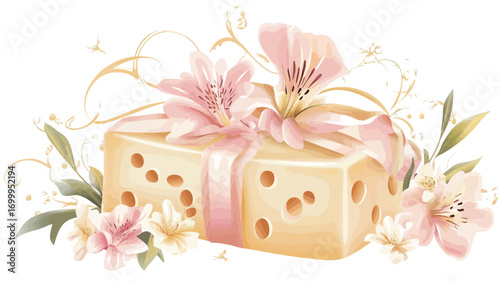 A digital illustration of a rectangular gift box, light yellow in color, decorated with a pale pink ribbon tied in a bow.  The box is adorned with small, dark dots