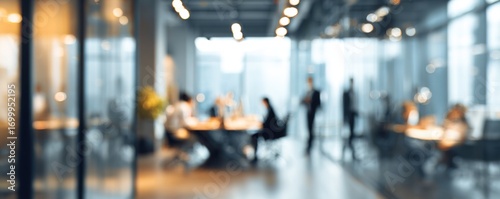 Abstract blurred interior modern office space with business people working banner background with copy space. High quality