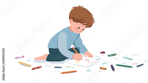 Digital illustration of a young boy with short brown hair sitting on the floor, engrossed in drawing on a piece of white paper. He is using a crayon, and many other crayons are scattered around him