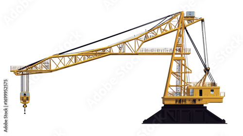 The image shows a detailed illustration of a yellow port crane against a plain white background. The crane is depicted in a three-quarter view, showcasing its structure, including the boom