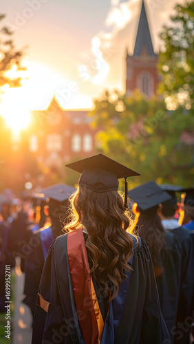 Graduate walking at sunset on a university campus