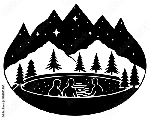  hot spring in snowy mountains silhouette vector illustration