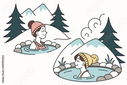 People enjoying hot spring in snowy mountains,  pine trees around, vector illustration
