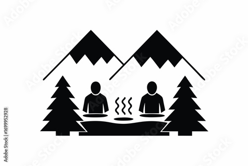  hot spring in snowy mountains silhouette vector illustration