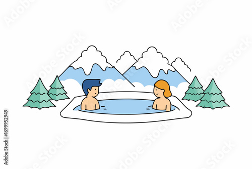 People enjoying hot spring in snowy mountains,  pine trees around, vector illustration