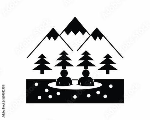  hot spring in snowy mountains silhouette vector illustration