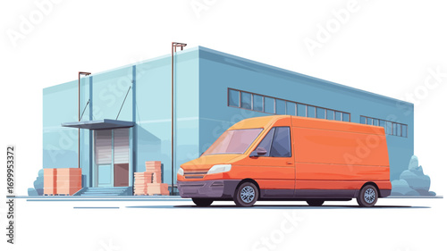 An illustration depicting a modern, light-blue warehouse with an orange delivery van parked in front.  Several cardboard boxes are visible near the warehouse entrance. The style is cartoonish or