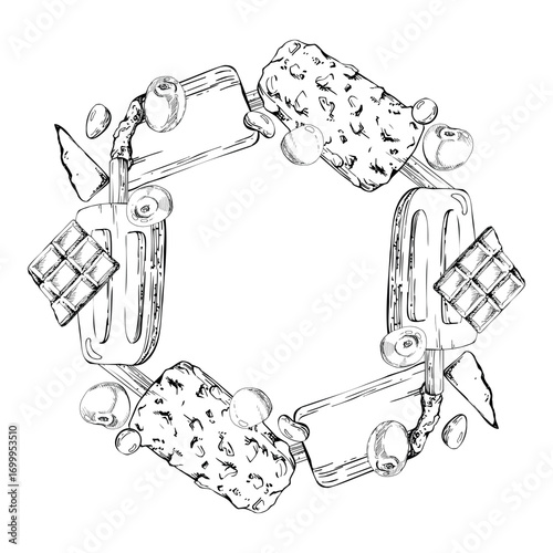 Melting ice bar pop and cherry lolly popsicles with fruits, berries and chocolate crumbs. Vector graphic wreath frame illustration hand drawn in pen and ink. Cafe decor print, recipe tag, frozen snack