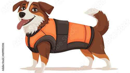 A digital illustration of an Australian Shepherd dog wearing an orange life vest. The dog is depicted in a full-body shot, standing and facing slightly to the left. The illustration style is