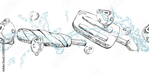Melting popsicle ice lolly flying with cherry fruits and berries in drops, waves and water splashes. graphic seamless banner border header hand drawn in vector ink. Eco treat label, recipe design