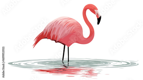 A digital illustration of a single pink flamingo standing in shallow water against a white background. The flamingo is depicted in detail, showing its pink feathers, long legs and neck