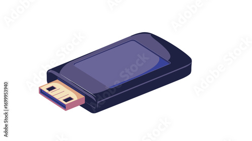 Isometric illustration of a dark-blue/purple rectangular HDMI to USB adapter. The adapter has a visible HDMI connector on one end and a USB connector on the other. The illustration is clean and