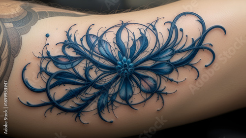 Accurate tattoo details, blue ink colorization
