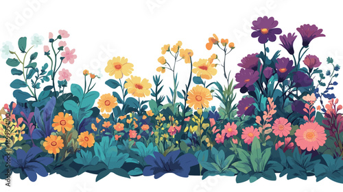 A digital illustration depicting a vibrant horizontal border composed of various flowers and foliage. The style is illustrative, with flat colors and slightly stylized forms.