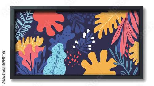 The image shows a digital illustration of an abstract floral pattern.  The pattern consists of stylized leaves and flowers in various shades of  red, orange, yellow, blue, and white on a navy blue
