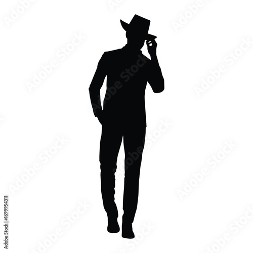 A stylish man in a fedora or cowboy hat, caught in a graceful silhouette as he adjusts his hat. This image conveys a sense of confidence, charm, and classic style.