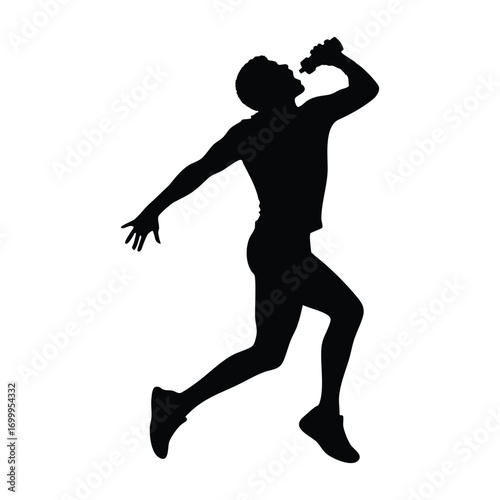 Silhouette of a runner taking a drink from a water bottle while running. This image captures the moment of hydration and refreshment, symbolizing energy, and endurance