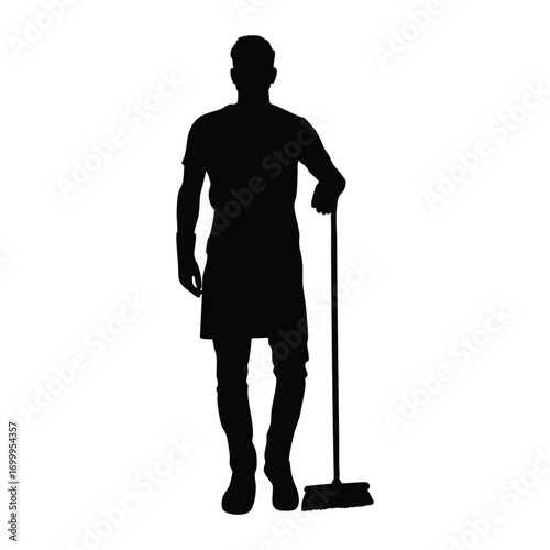 Silhouette of a male janitor or cleaner leaning on a broom. This image symbolizes professional cleaning services, maintenance, and various jobs in the service industry.