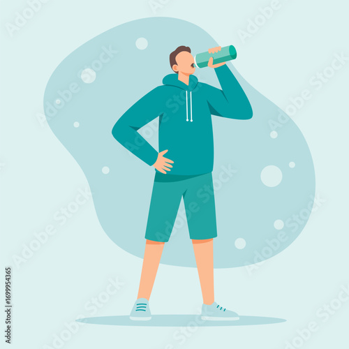a Modern flat design style showing a man in an athletic outfit taking a drink from a sports bottle. This image is perfect for representing health, hydration, fitness, and an active lifestyle.
