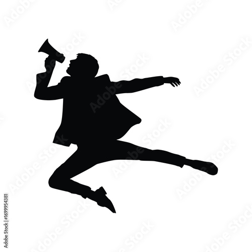 A dynamic silhouette of a man jumping in mid-air while shouting into a megaphone. This image conveys a sense of strong public communication, protest, announcement, or enthusiastic promotion.