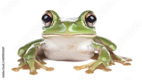Close-up studio shot of a green tree frog against a pure white background. The frog is centered in the frame, facing directly forward.  Its skin exhibits a vibrant, smooth green texture with subtle