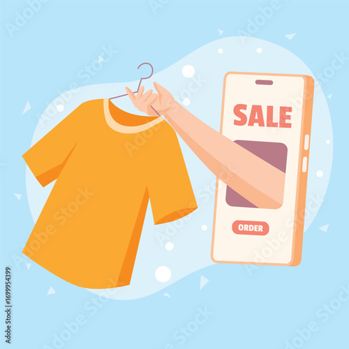 A hand emerges from a smartphone screen to hold a t-shirt on a hanger. This flat design illustration visualizes online shopping, e-commerce, and mobile sales in a modern and engaging way.