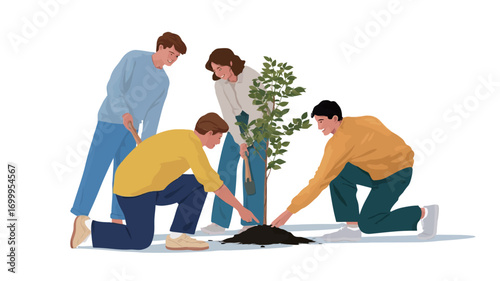 Illustration of four young adults, two men and two women, kneeling around a young tree they are planting together. The style is simple and illustrative, with flat colors and minimal detail