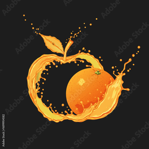 An artistic illustration of orange slices in a dynamic swirl of juice. The main slice is creatively shaped like an apple, blending two fruit concepts. Perfect for beverage ads.